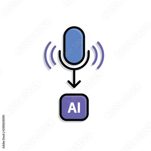 Voice AI icon. Sound waves around the mic and arrows to AI nodes. Work flow, automation, Engine. Isometric design style.