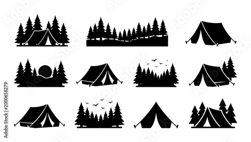 Canvastavla Camping silhouettes set with forest pine trees and tents, outdoor adventure icon
