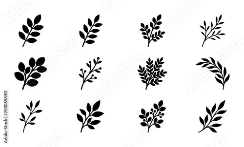 Botanical Branch Silhouettes, Delicate Leafy Sprigs, Minimalist Plant Elements, Vector Icons for Nature Design