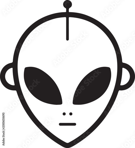 Minimalist alien head vector icon, black and white extraterrestrial face with antenna, sci-fi humanoid character logo for gaming and tech