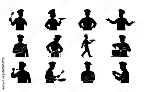 Professional chef silhouettes set, 12 restaurant cook icons in black vector format, culinary staff and bakery worker figures for menu design