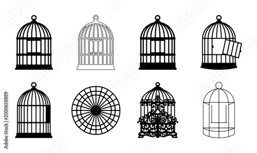 Foto Bird Cage Icons Set, Vintage Decorative Cages, Ornate Metal Aviary Silhouettes,