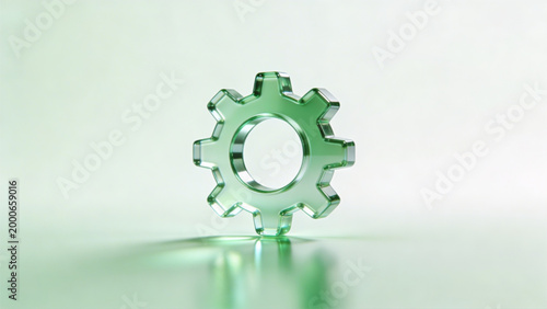 3D industrial machine cogwheel icons and steel gear mechanisms represent engineering teamwork and technology concepts on white and green backgrounds