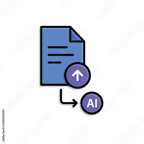 File Upload Icon. Document with upload arrow and arrow to AI node. Work flow, automation, Engine. Isometric design style.