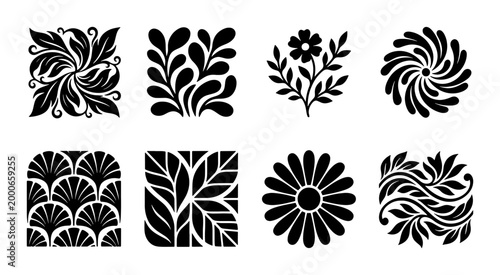 Elegant Floral and Botanical SVG Icons Set, Decorative Organic Elements, Vintage Art Nouveau Motifs, Black and White Vector Graphics for Design Projects