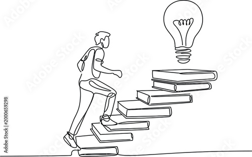 Continuous line drawing man walking on book stairs with light bulb symbolizing reading, idea, knowledge, problem solving in minimal one line style