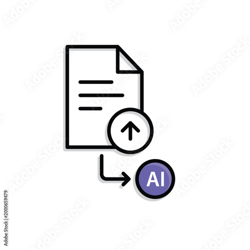 File Upload Icon. Document with upload arrow and arrow to AI node. Work flow, automation, Engine. Mixed design style.