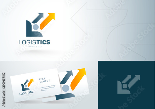 Logo logistics ldesign abstract silhouette people and letter L and arrows. Business card template