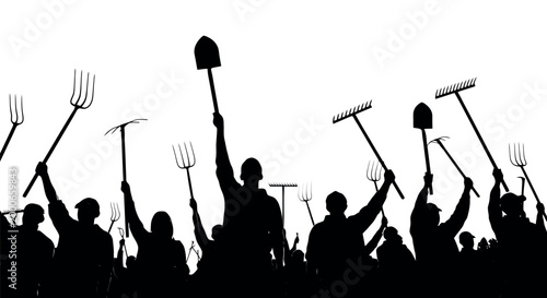 Silhouettes of angry farmers with pitchforks and shovels