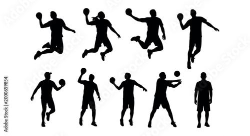 Set of handball player silhouettes in various action poses