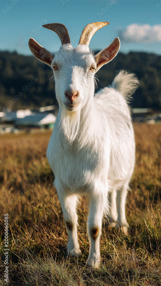 Obraz premium A majestic white goat stands attentively in a sun-drenched field, its horns curving elegantly upwards against a backdrop of rolling hills and distant structures