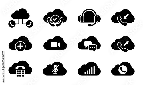 Schilderij op canvas Cloud communication icons set, 12 black vector symbols for VoIP and call center