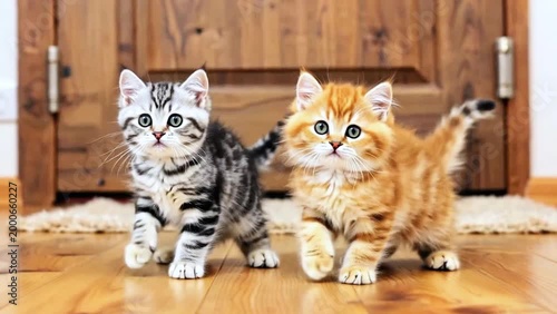 Two adorable kittens orange fluffy and  gray-white dancing together at home