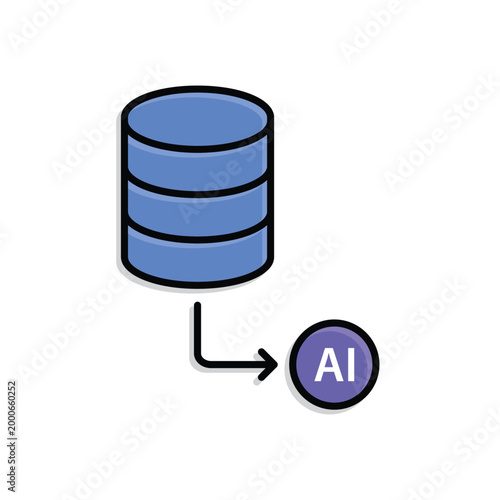 Data Import icon. Data stack and arrow to AI node. Work flow, automation, Engine. Isometric design style.
