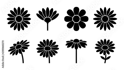 Minimalist daisy flower icons, black floral silhouette vector set of 8 elements, simple botanical blossom symbols for logo design and web interface