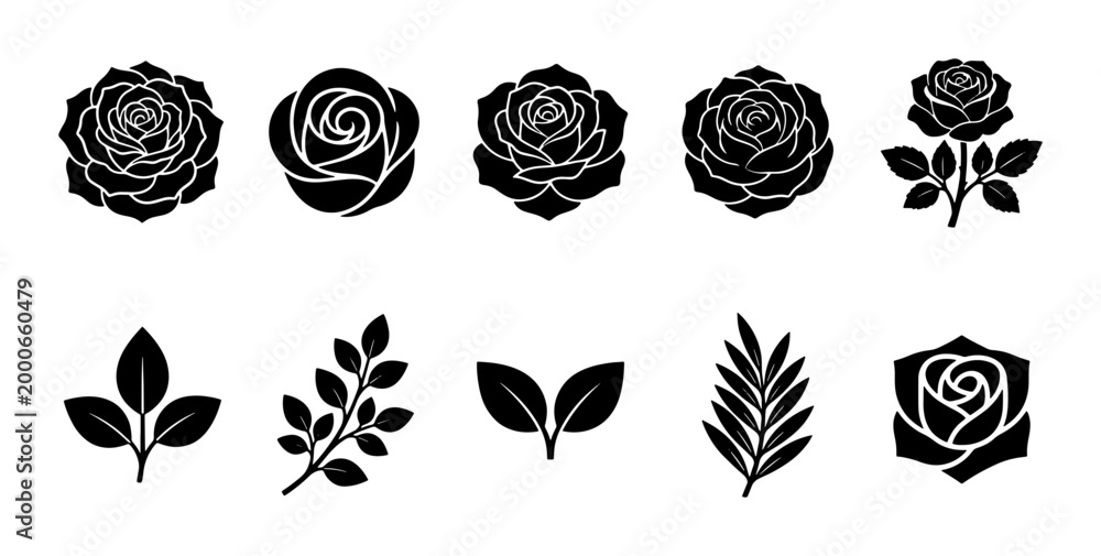Fototapeta premium Black Rose Icons Set, Elegant Floral Vector Graphics, Romantic Flower Illustrations, Botanical Design Elements for Decorative Projects