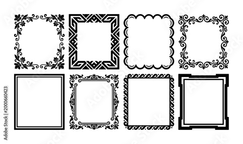Vintage decorative frames set, 8 black ornamental square borders in vector format, classic filigree and geometric frame collection for invitations