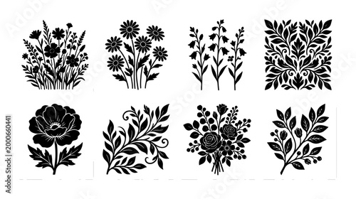 Vintage floral silhouette collection, 8 black botanical vector elements, rustic wildflower bouquets and leaf branches, elegant garden flower stencils