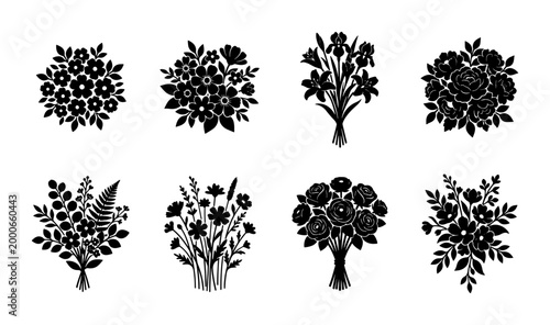 Elegant Floral Silhouettes, Set of 8 Black Botanical Vector Illustrations, Decorative Flower Arrangements for Design Projects