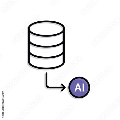 Data Import icon. Data stack and arrow to AI node. Work flow, automation, Engine. Mixed design style.