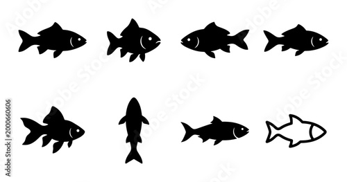 Set of 8 Black and White Fish Icons, Aquatic Animal Silhouettes for Marine Life and Seafood Design, Vector Graphics