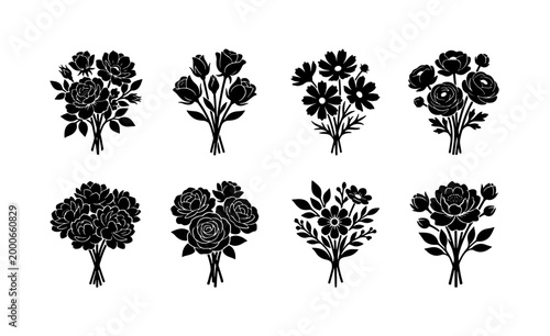 Elegant Black Floral Bouquets, Set of 8 Vector Icons. Romantic Flower Arrangements for Design, Wedding Invitations, and Decorative Graphics.