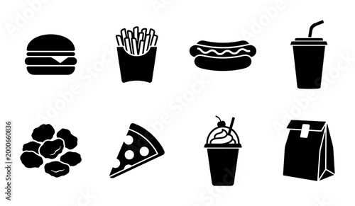 Fast Food Icons Set: Burger, Fries, Hot Dog, Drink, Nuggets, Pizza, Shake, Bag - Black and White SVG Graphics for Menu Design, Delivery Apps, and Restaurant Branding