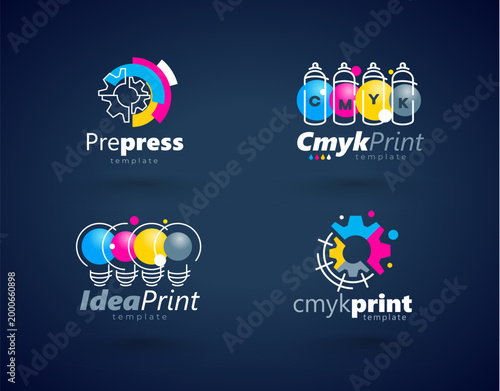 Set Logo Print. CMYK Ink Printing theme. Template design vector. Black background.