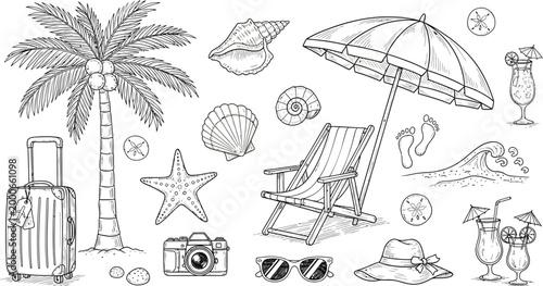 beach elements collection in black and white line art