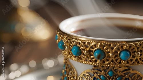 Closeup of a Luxurious Coffee Cup with Ornate Gold and Turquoise Embellishments.