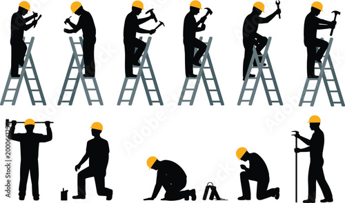 Construction worker silhouettes set, ladder repair labor poses, handyman tools collection isolated for stock vector design