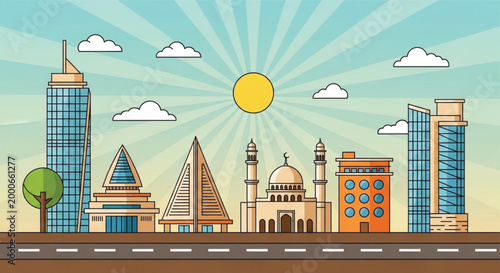 Cultural fusion city skyline vector illustration with modern skyscrapers pyramids mosque and sunburst background in colorful flat design travel concept