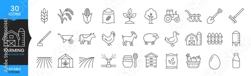 Farming Line Icons Set, Agriculture Editable Stroke Vector, Farm Animals Tools Crop Outline Icons Collection