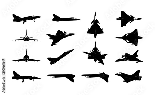 Foto Jet Fighter Silhouettes Collection, Military Aircraft Vector Icons, Modern Airpl