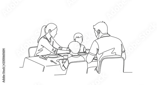 Family helping child with homework line art vector illustration with parents teaching kids at home education and learning lifestyle concept