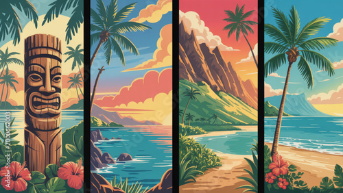 Tiki torches by tropical beach at sunset