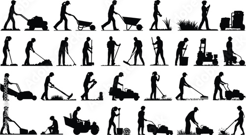 Gardening worker silhouettes set, lawn mower landscaping people collection, yard maintenance tools isolated vector design package