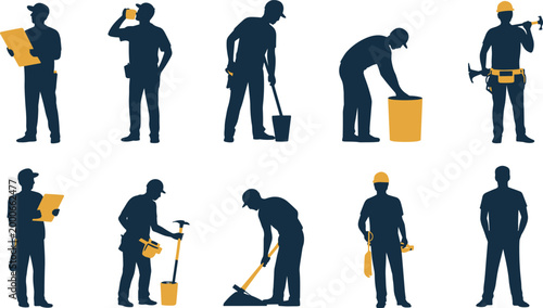 Construction worker silhouettes set, handyman labor people collection with tools isolated modern vector design package illustration