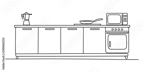 Black and white line drawing of a modern kitchen counter with appliances Vector, illustration