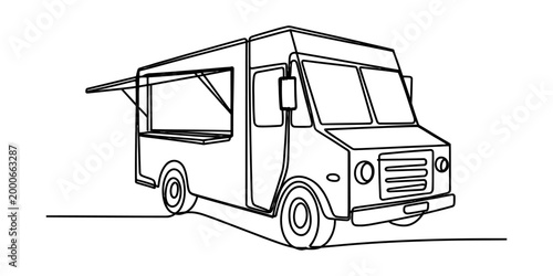Continuous single line drawing of a food truck selling snacks and drinks on the street Vector, illustration
