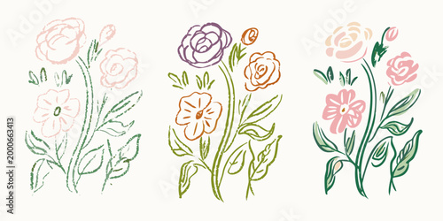 three floral clusters with delicate pastel colors on white background high quality professional detailed modern