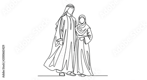 Muslim father and child walking together line art vector illustration with traditional clothing family bond and cultural lifestyle concept in minimal outline style