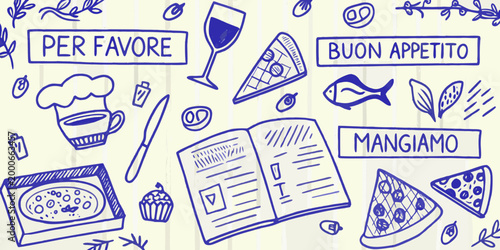 hand drawn illustration of italian food items on striped background high quality professional detailed modern