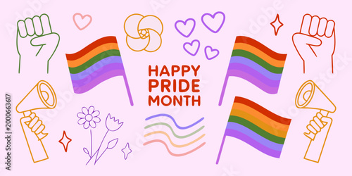 happy pride month illustration with rainbow flags fists and hearts high quality professional detailed modern