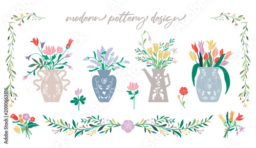 Botanical Flower Illustration, Bouquets, vase, wreath design
