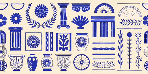 collection of blue line art icons featuring greek motifs on beige background high quality professional