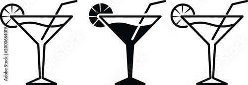 Three martini glasses with varying levels of ice and garnish depicted in black and white