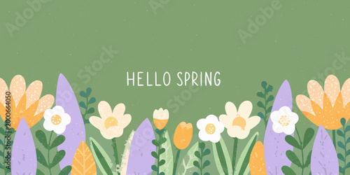 hello spring text with colorful flowers on green background high quality professional detailed modern elegant