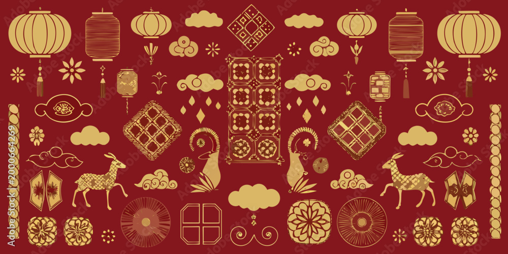 Naklejka premium chinese new year design elements in gold on red background