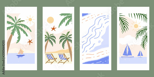 four minimalist summer themed cards with palm trees beach chairs and sailboats high quality professional